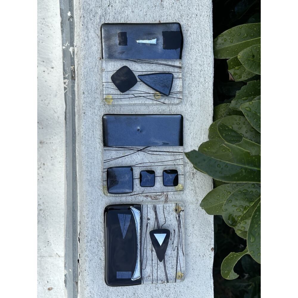 Vintage Fused Glass Coasters Set of 3 Geometric Mid Century Modern MCM Signed